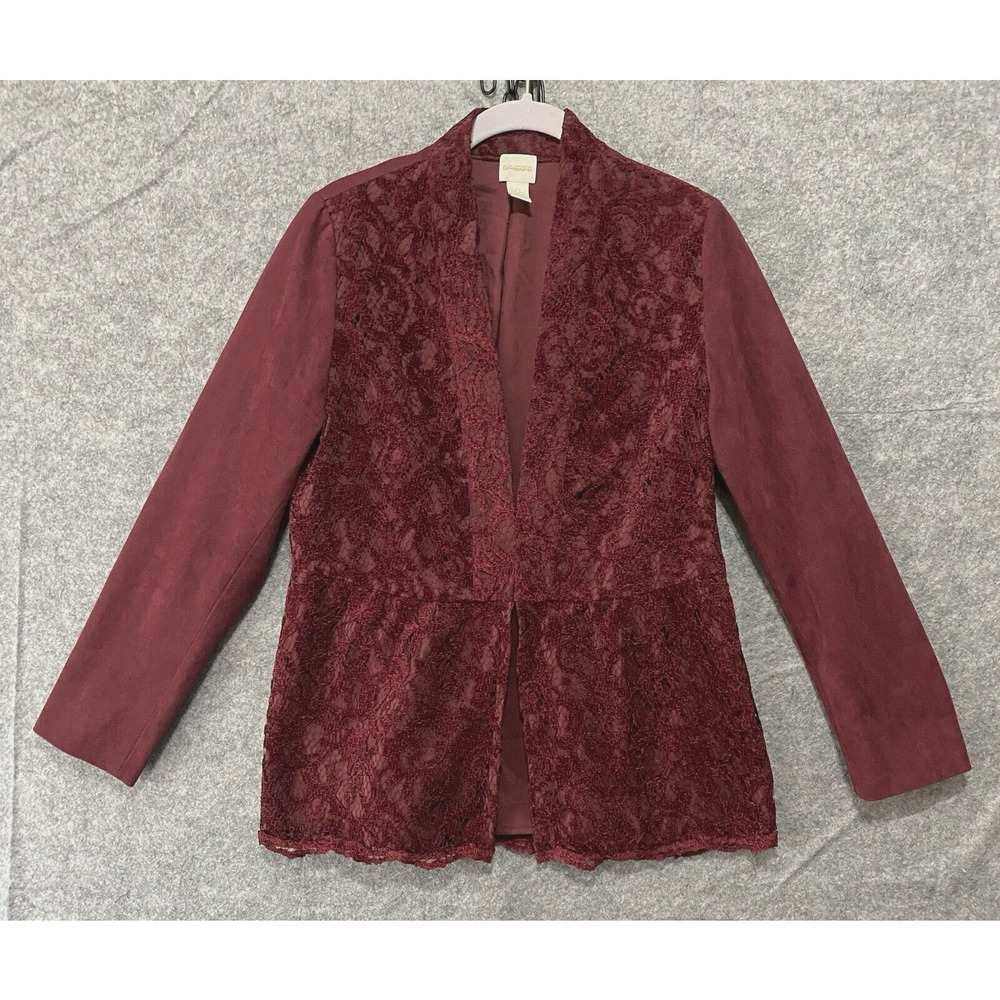 Chicos Faux Suede Lace Peplum Jacket Womens‎ Sz 0 US 4 Burgundy Lined Open